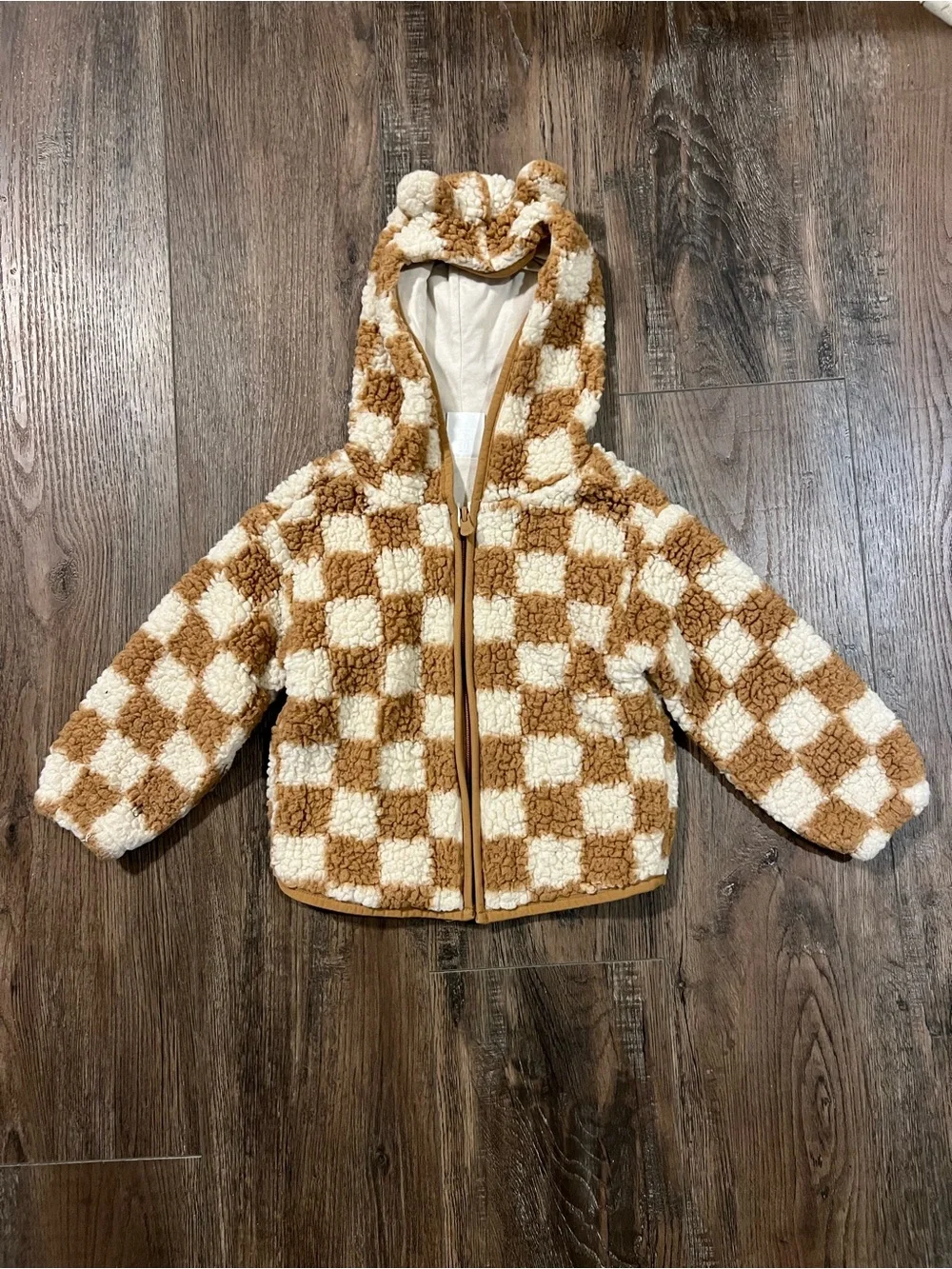 GAP Kids Check Sherpa Hooded Jacket - Cream & Tan